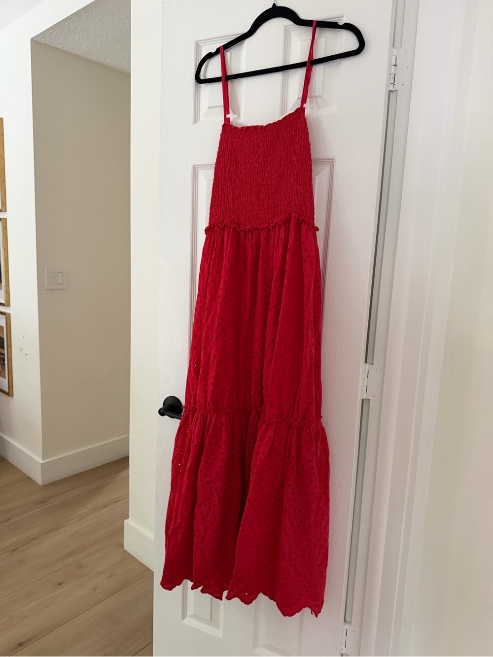 Women's Red Smocked Eyelet Maxi Dress - Elegant Sundress